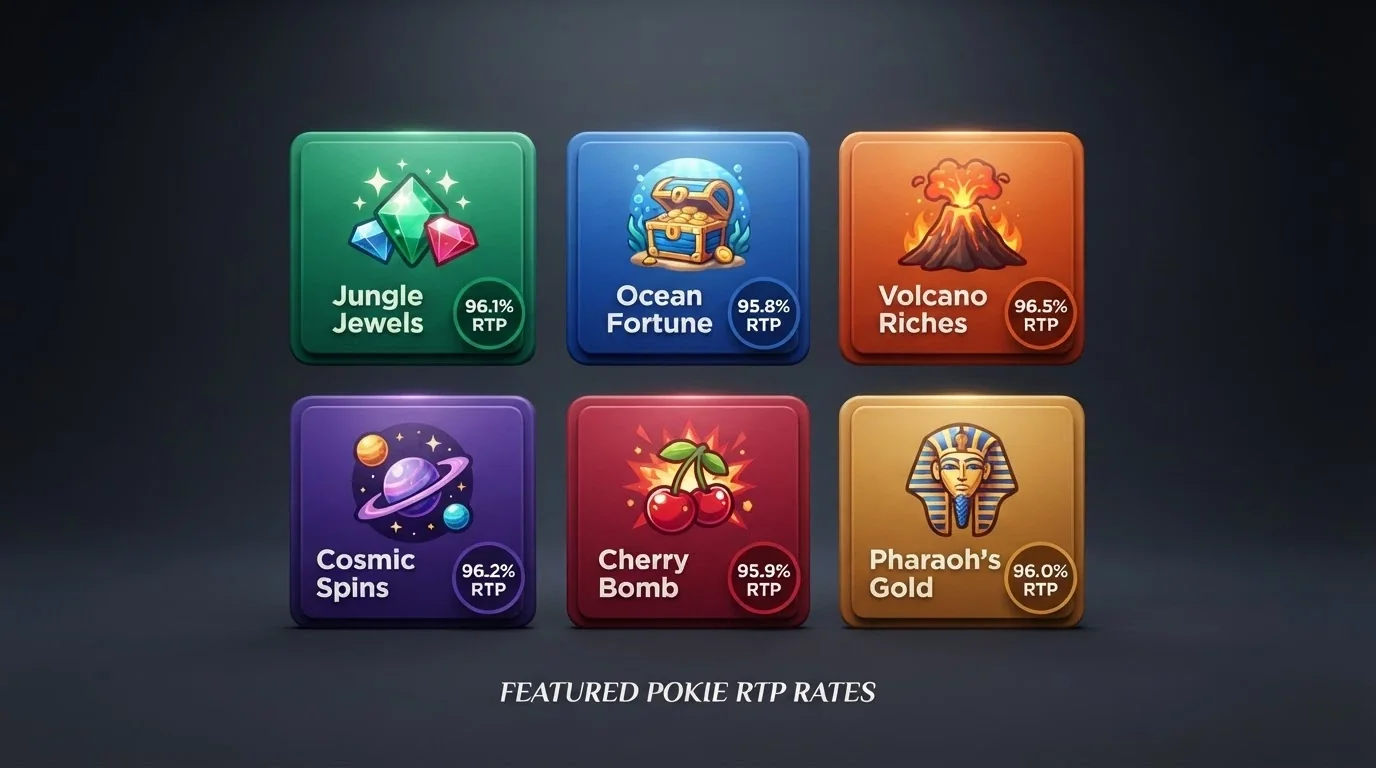 A grid of six pokie game tiles from an online casino lobby, with titles visible and RTP percentages overlaid as small badges on each tile