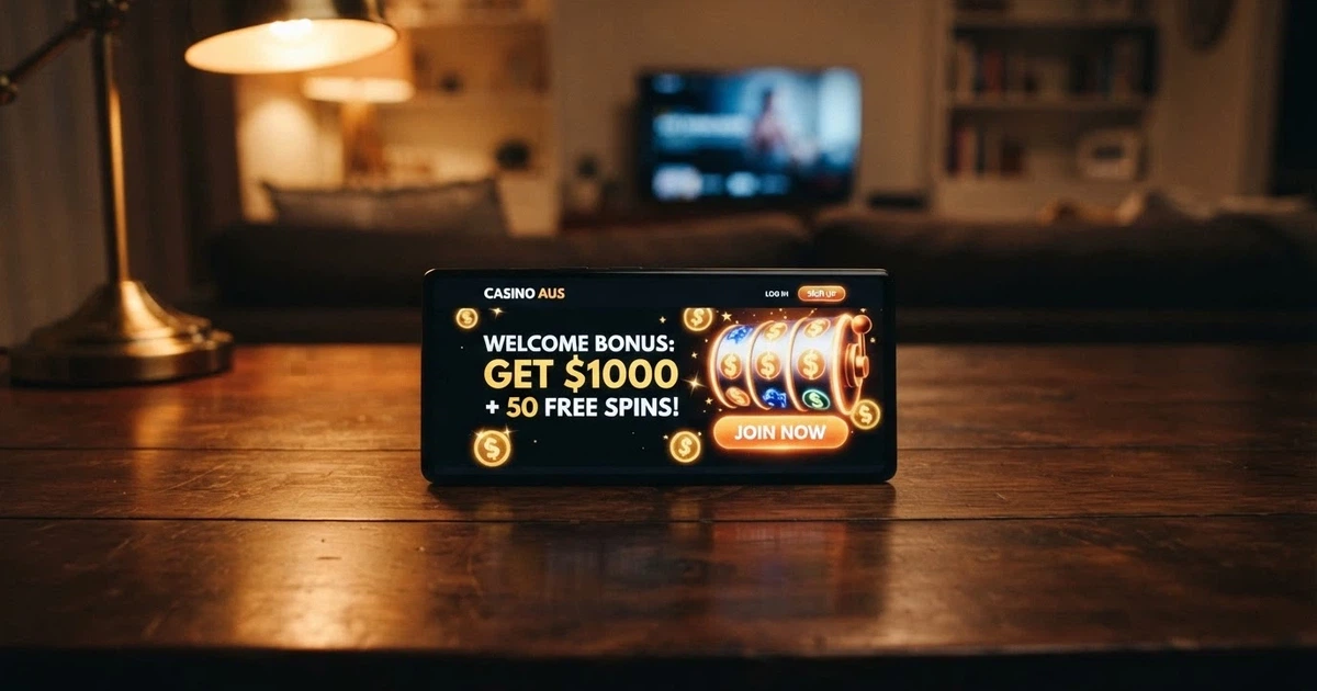 A smartphone displaying a casino sign-up screen with a no-deposit bonus offer, Australian dollar symbols visible