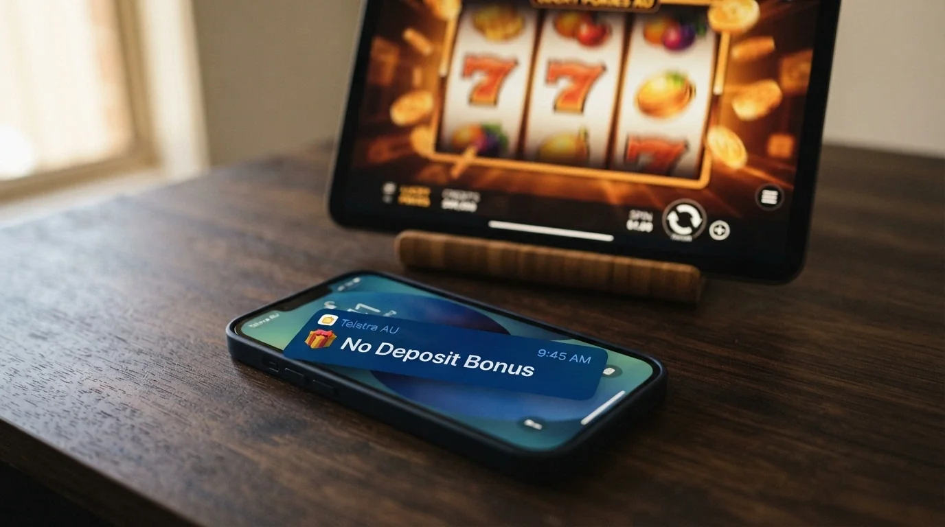 A mobile phone displaying a no-deposit bonus notification with pokies reels blurred in the background