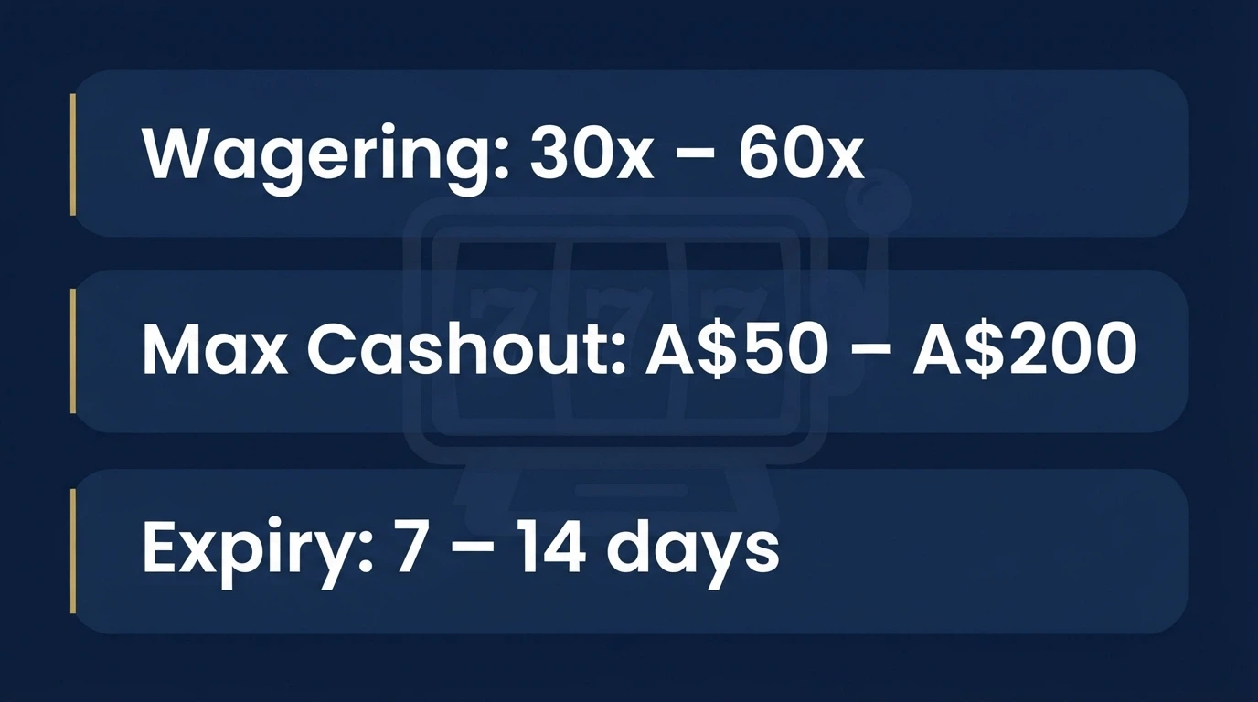 A simplified visual breakdown of a bonus terms box: wagering multiplier, cashout cap and expiry date as three highlighted lines