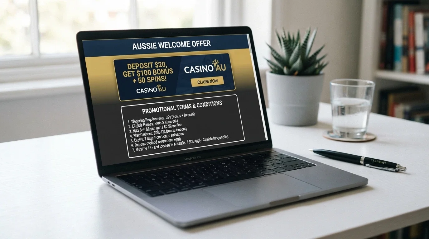 A close-up of a casino promotions page on a laptop screen, with a highlighted terms-and-conditions box beside a “Claim Bonus” button