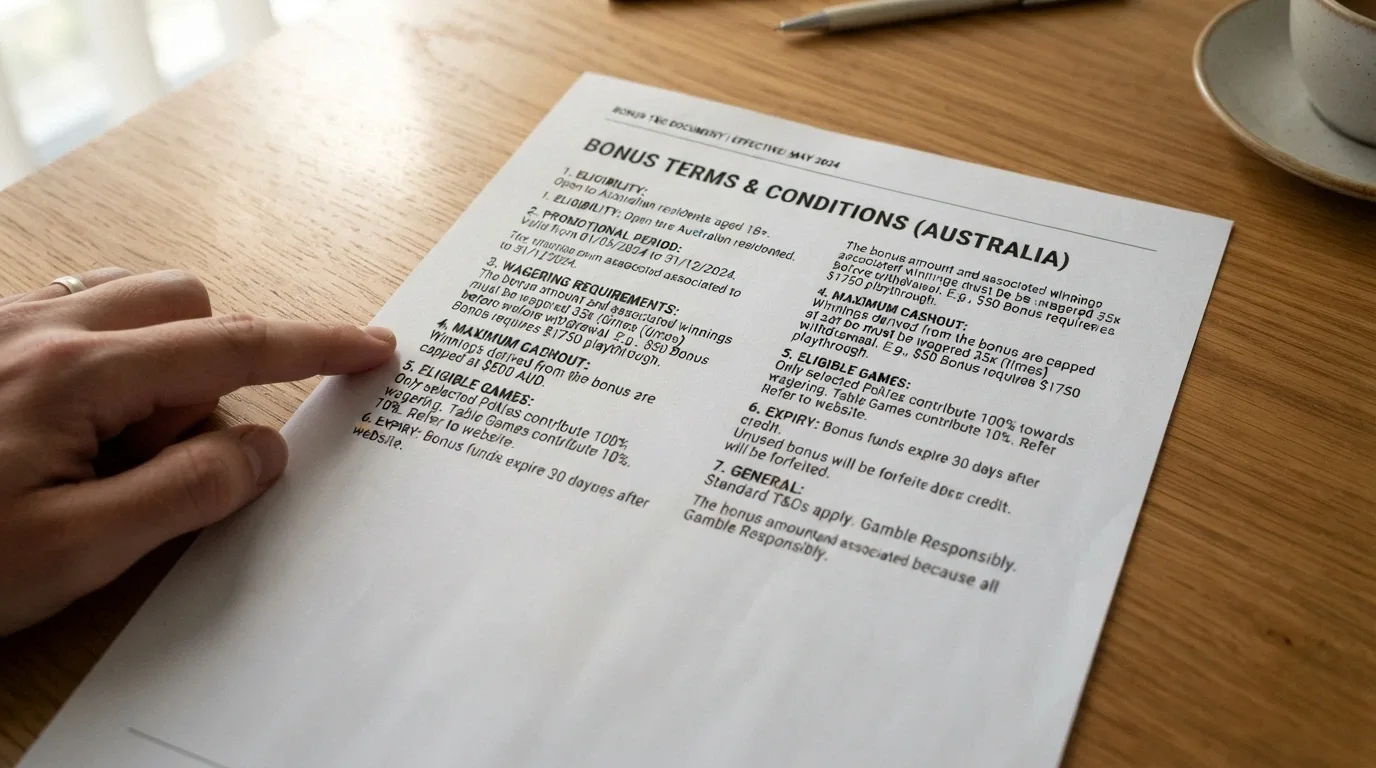 Close-up of bonus terms and conditions listing wagering requirements, maximum cashout caps and expiry windows for an Australian-facing online pokies bonus