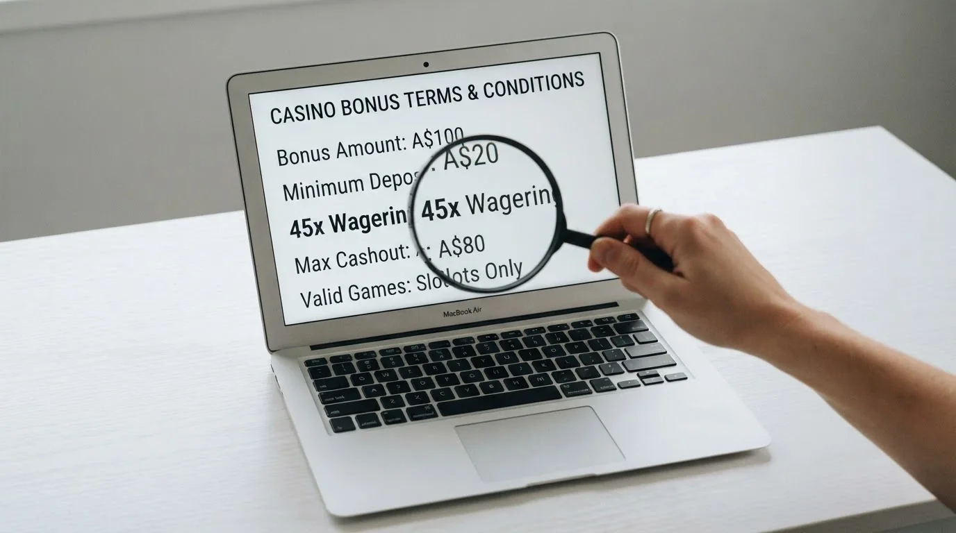 A casino bonus terms pop-up or fine-print panel with a magnifying glass highlighting the wagering multiple and withdrawal cap
