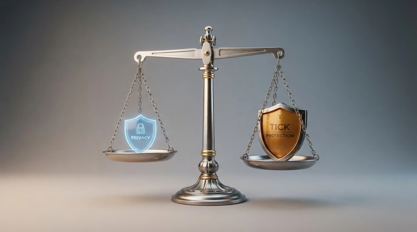 Scales with a privacy-shield symbol on one side and a consumer-protection shield on the other, slightly tipped