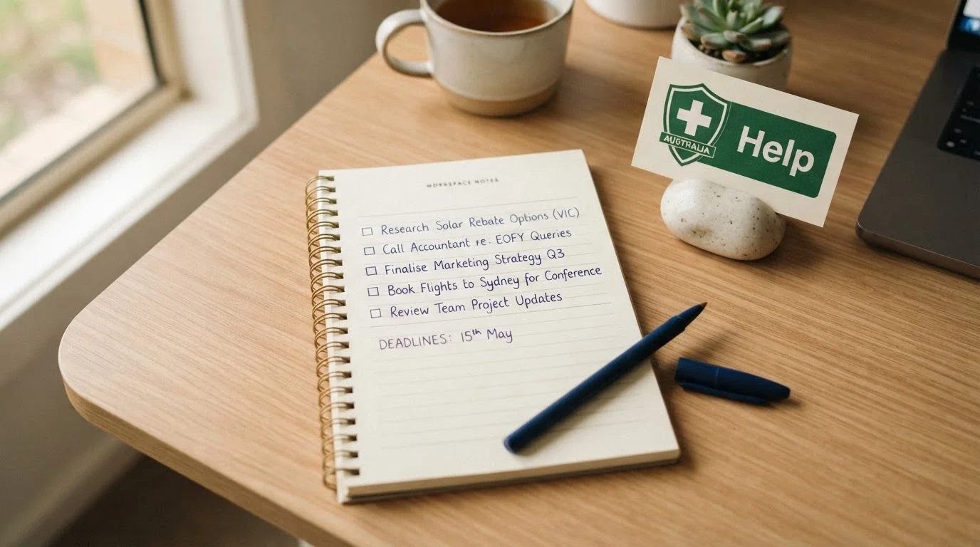 A notepad with a five-point checklist written in clear steps, a pen resting beside it, and an Australian consumer-protection logo in the corner