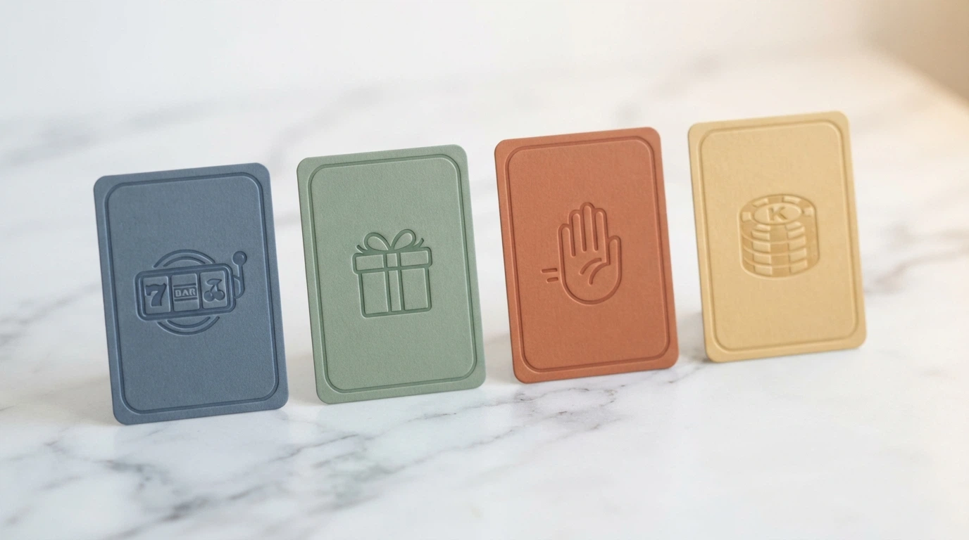 Four illustrated bonus cards side by side, each labelled with a different no-wager bonus type — welcome match, free spins, no-deposit and keep-winnings
