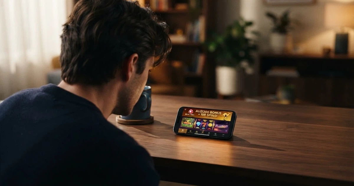 A smartphone displaying an online casino lobby with a bonus offer banner highlighted and Australian dollars visible on the screen