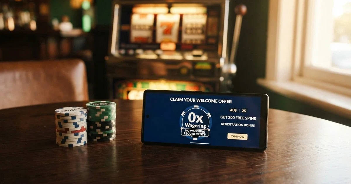 A smartphone screen showing an online casino bonus banner with a large “0x Wagering” badge, casino chips and slot reels visible in the background