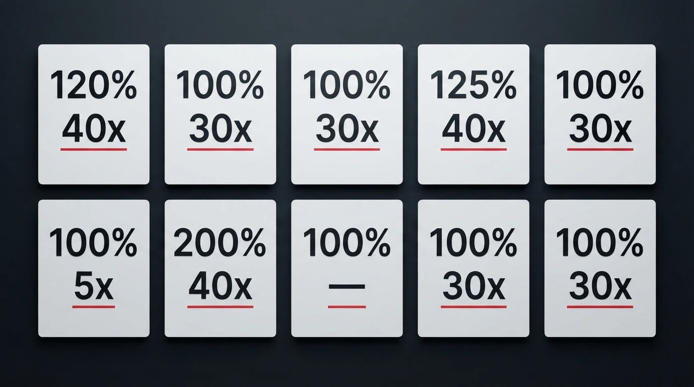 A side-by-side grid of casino welcome-bonus banners with wagering terms highlighted beneath each one