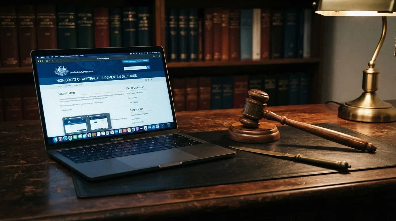 A wooden gavel on a desk beside a laptop displaying an Australian government webpage with the ACMA logo visible, with a casino site minimised in the background