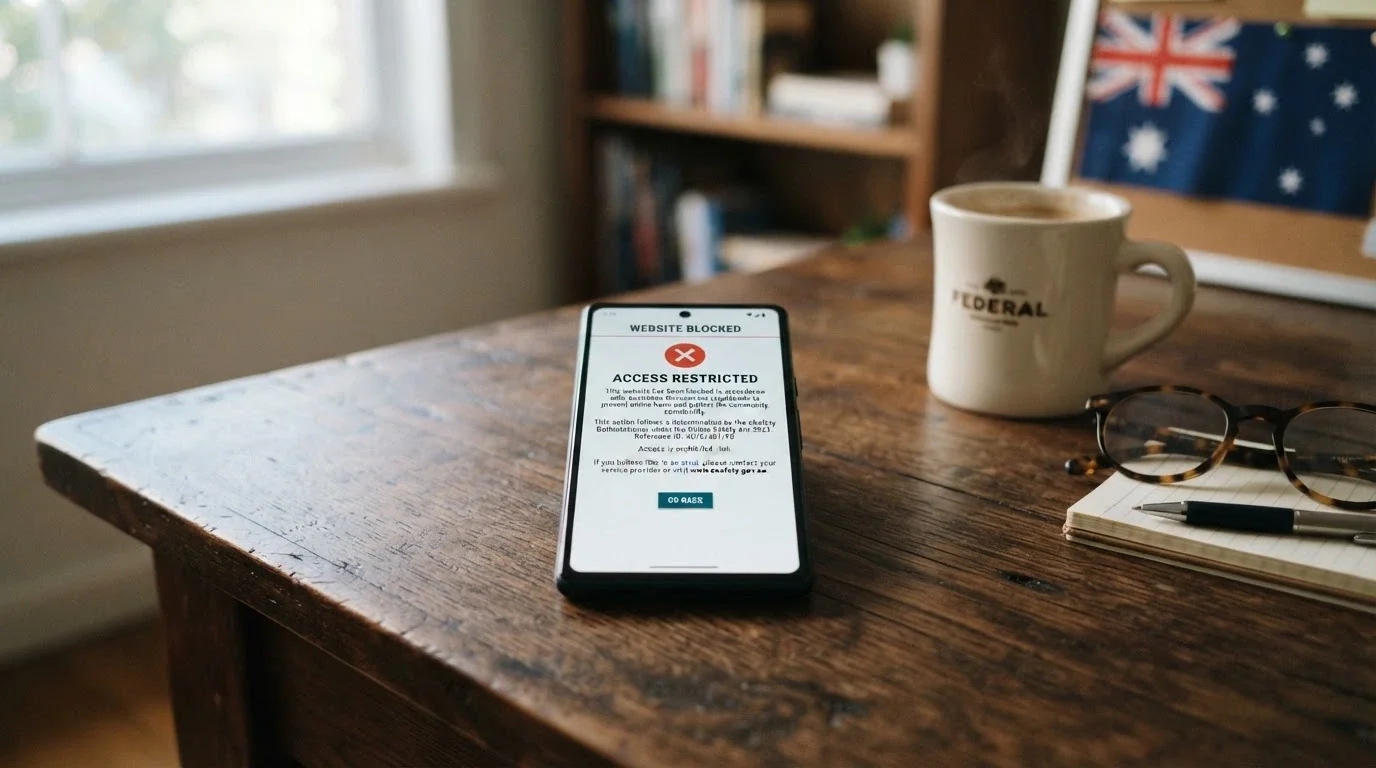 A smartphone displaying an ACMA website page about illegal gambling services, with the Australian coat of arms visible in the header, set against a desk with a cup of coffee beside it