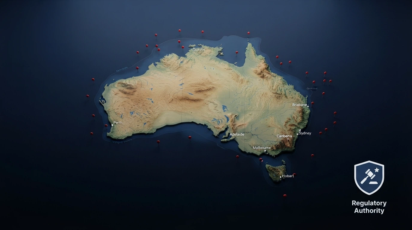 Map of Australia with offshore-casino markers positioned outside territorial waters, ACMA logo visible