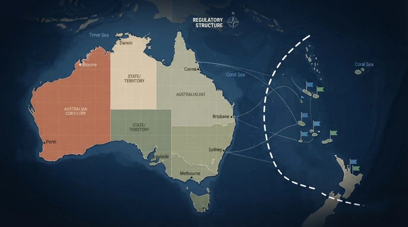 A stylised Australian map with a dashed line separating it from offshore casino icons marked with Curaçao and Tobique flag pins