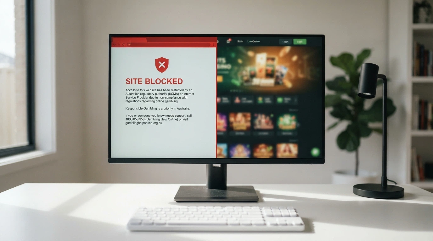 A desktop browser showing an ACMA blocking notice on one side and an offshore casino lobby still accessible on a VPN-connected screen on the other.