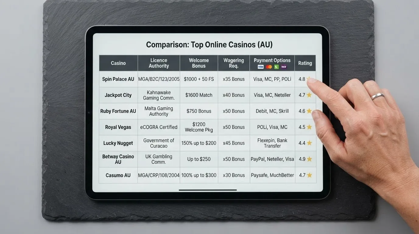 A comparison-table layout on a screen showing operator rows with licence, bonus and wagering columns filled in