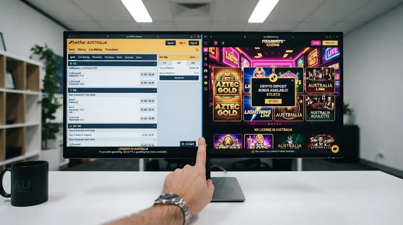 A split composition contrasting a clean licensed-bookmaker interface with the neon-heavy homepage of an offshore crypto casino, the Australian consumer visibly weighing both