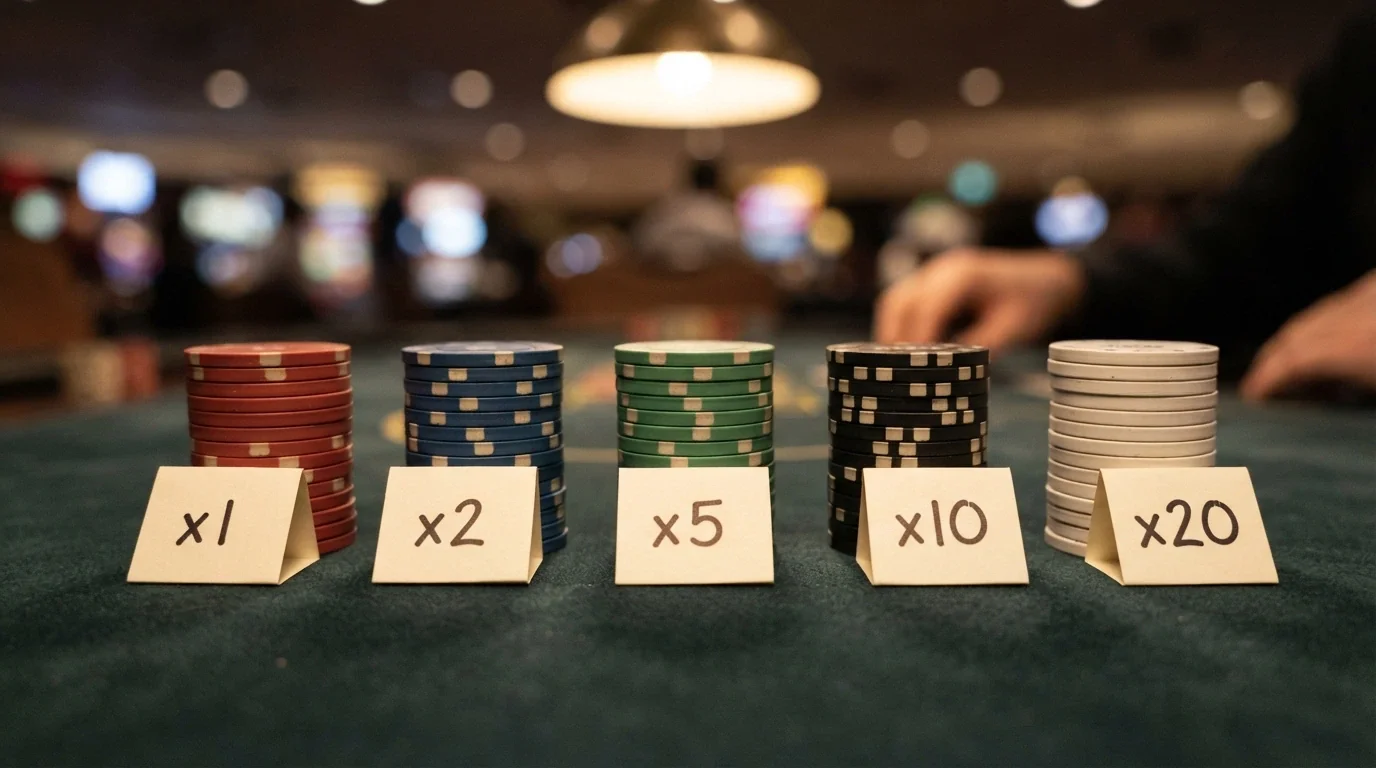 A side-by-side arrangement of generic casino-chip stacks in different colours on a dark felt table, each stack labelled with a different wagering multiple