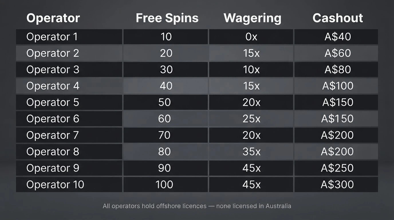 A comparison grid showing ten offshore casino names with columns for no-deposit free spins count, wagering multiplier and maximum cashout cap