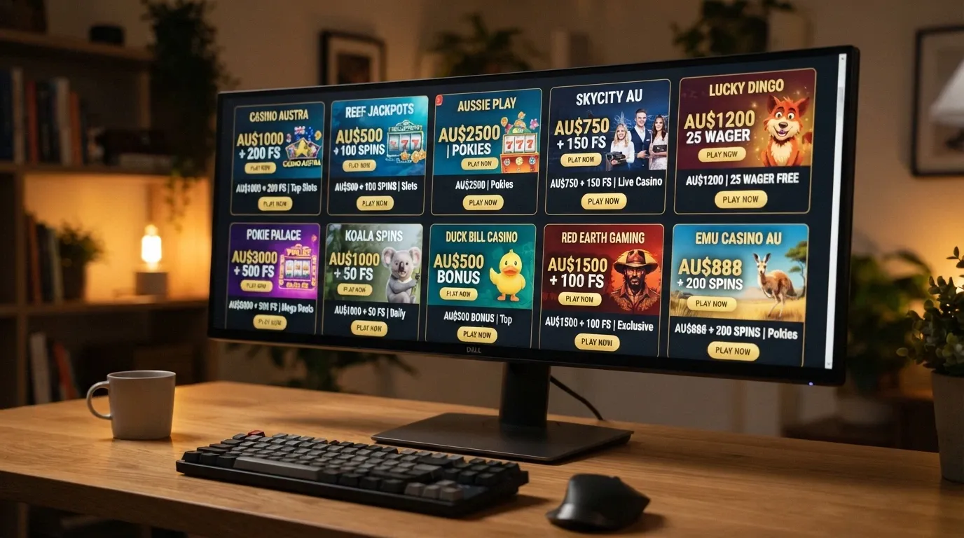A grid of ten offshore casino homepages displayed on a single screen, each with its welcome-bonus banner visible, arranged in ranking order with Australian-dollar amounts highlighted