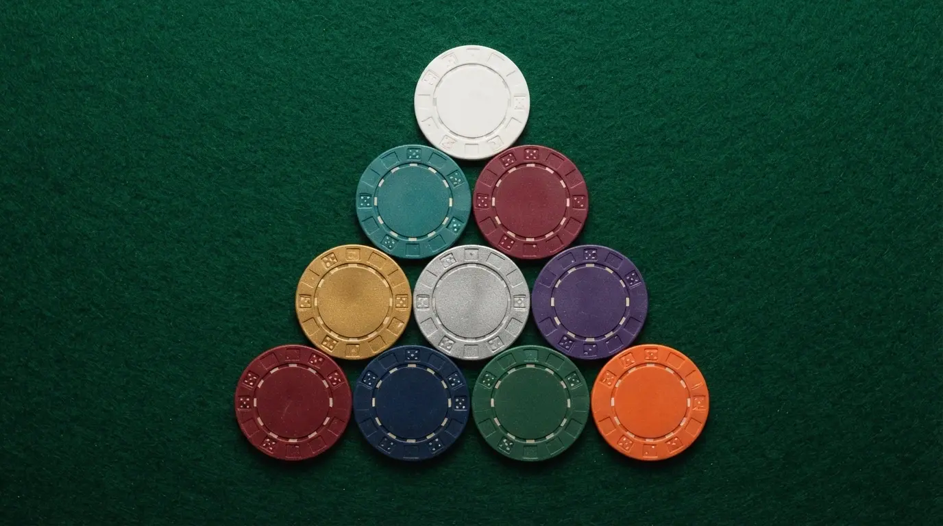 A top-down photograph of ten casino chips stacked in a ranked pyramid, each chip bearing a different colour and a small Curaçao licence marker