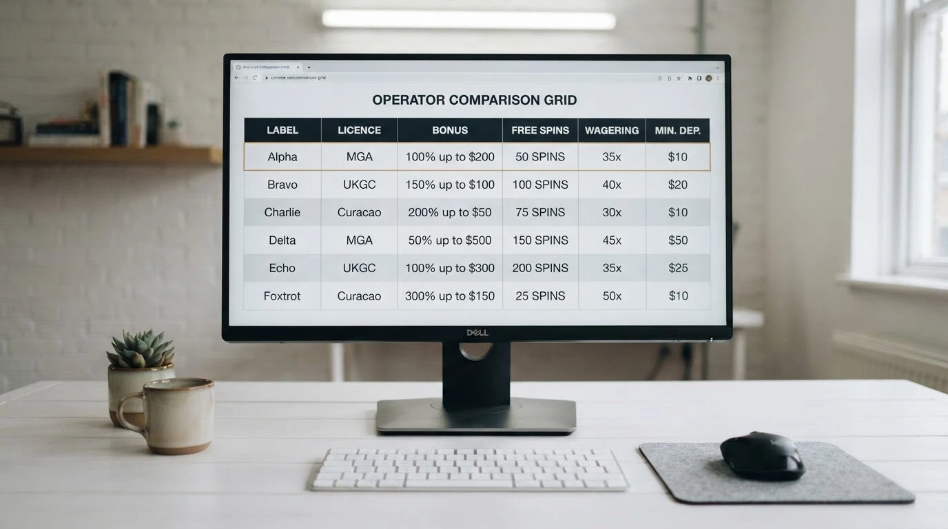 A side-by-side grid comparing casino names, licence jurisdictions and bonus terms on a desktop display