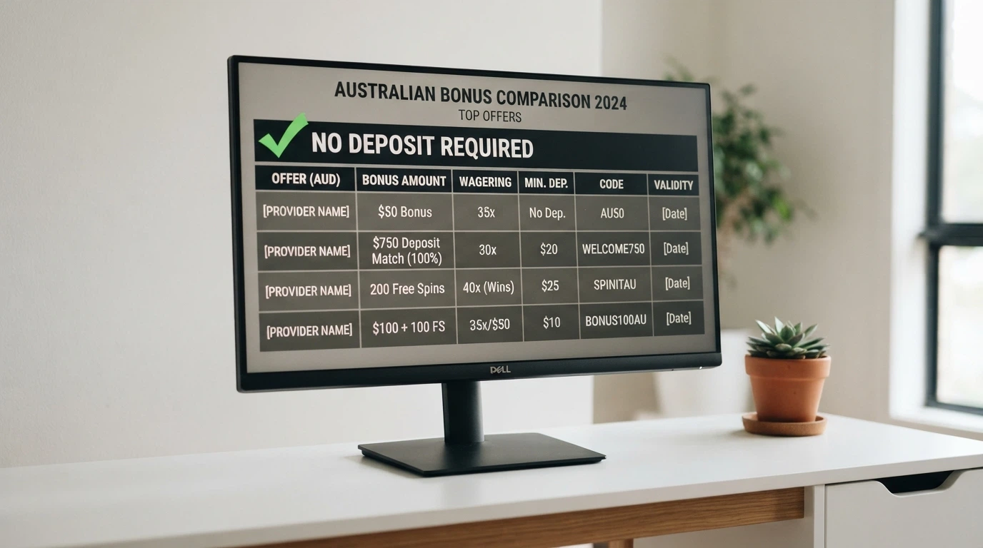 A side-by-side grid layout on a desktop screen showing casino names, bonus amounts and wagering figures with a green tick next to “No Deposit Required”