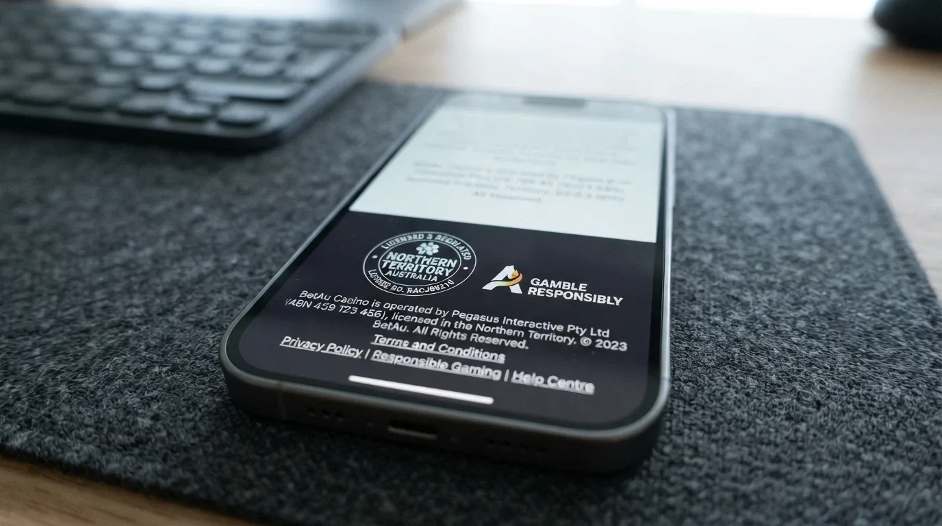 iPhone close-up of a casino website footer showing a Curaçao licence badge and terms-and-conditions link
