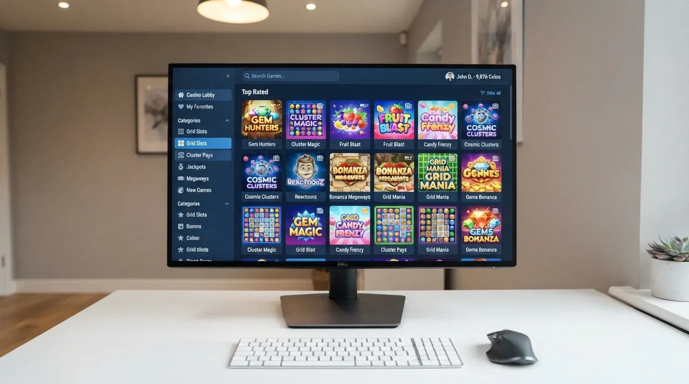 Online casino game lobby filtered to show grid-slot and cluster-pay categories with thumbnails of 7-reel titles visible