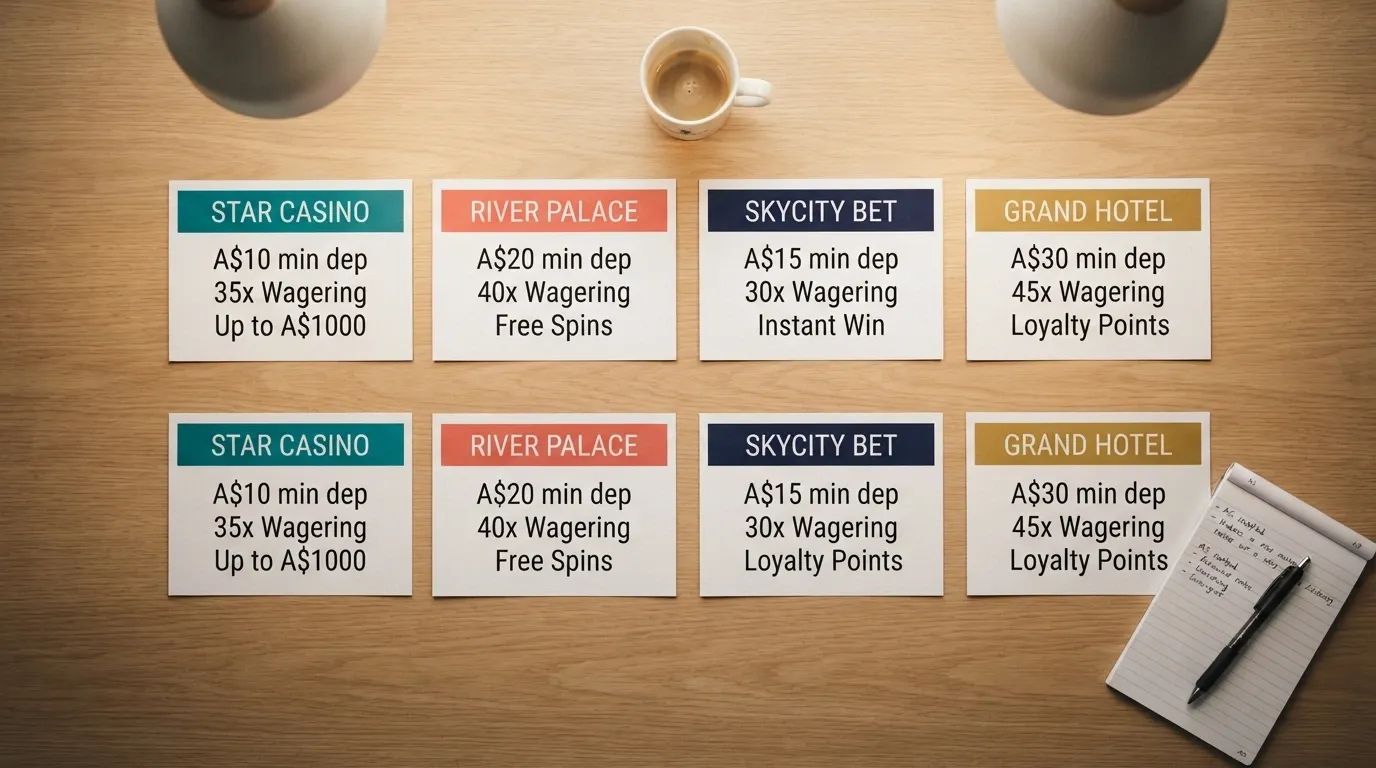 A comparison-style layout showing casino brand cards with bonus percentages and minimum deposit figures side by side