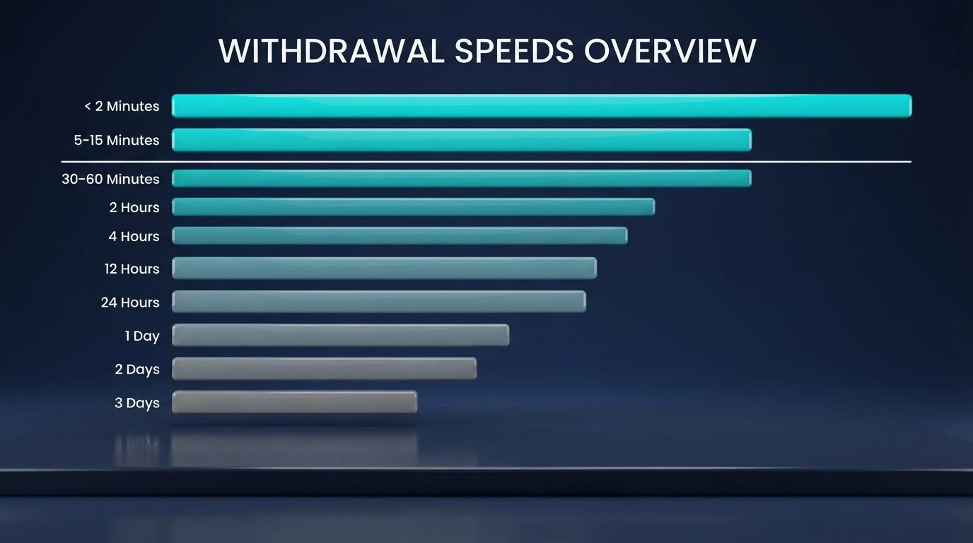 A simplified comparison table or dashboard view showing operator names beside withdrawal times in minutes and hours