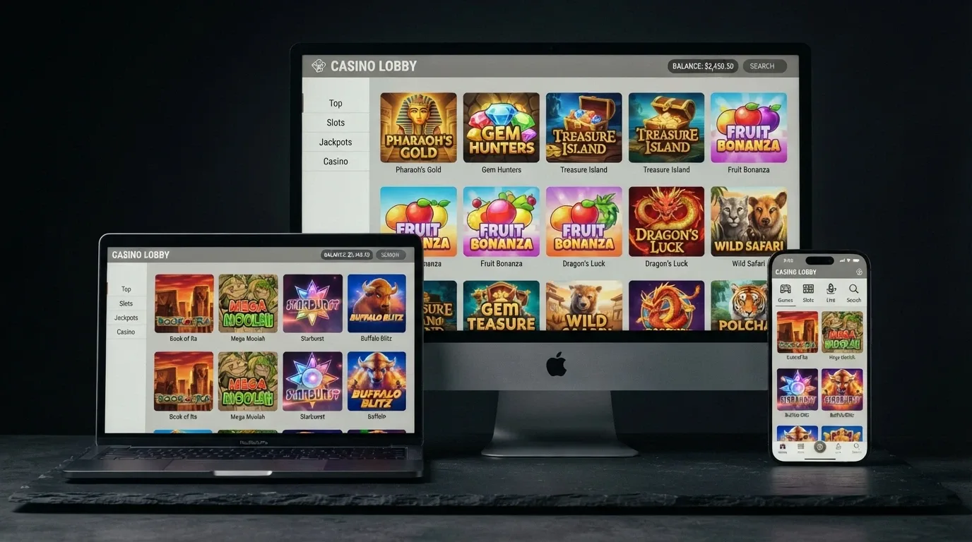 A stylised comparison view of multiple casino lobby screens showing 5-reel pokie thumbnails, with the operator names blurred but the pokie titles visible