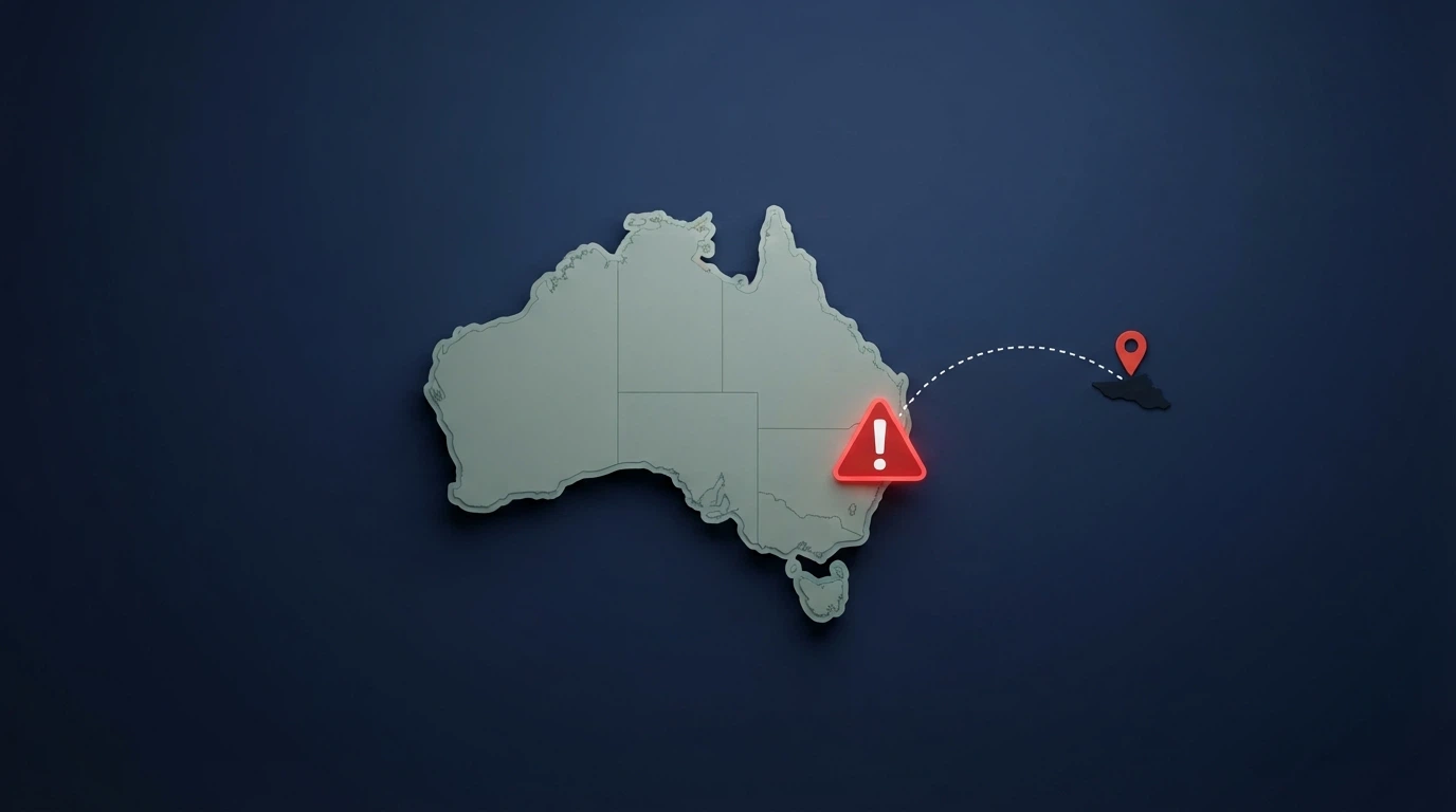 A warning icon overlaid on a simplified map of Australia with a dotted line connecting to an offshore marker