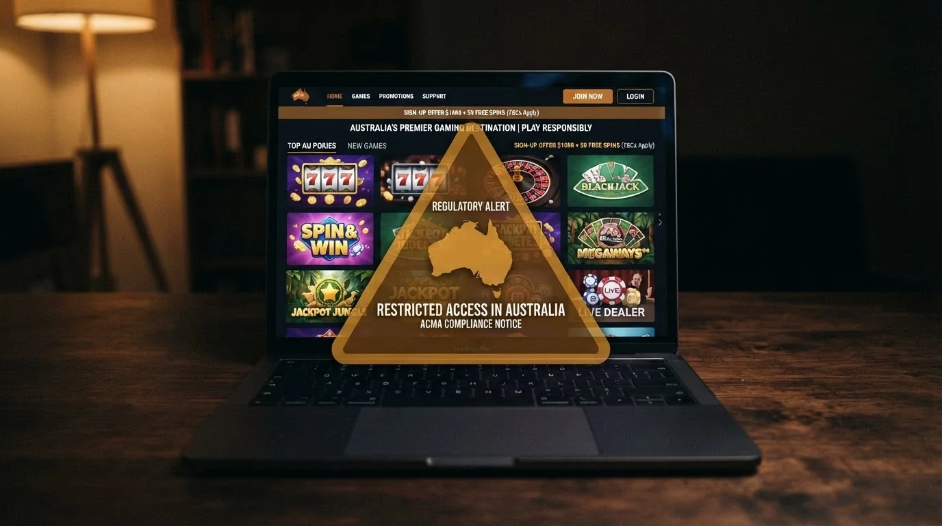 A laptop screen displaying an offshore casino landing page overlaid with a translucent warning symbol over an Australian map