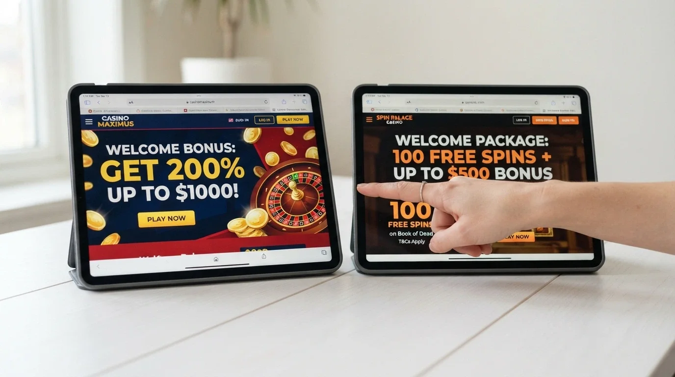 Side-by-side iPad screens showing two different offshore casino welcome-offer landing pages with bonus amounts visible