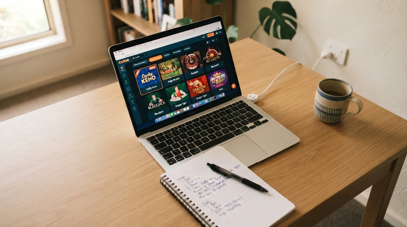 A desk with a laptop showing a casino lobby page, a notepad with handwritten comparison notes, and an Australian power plug visible in the background