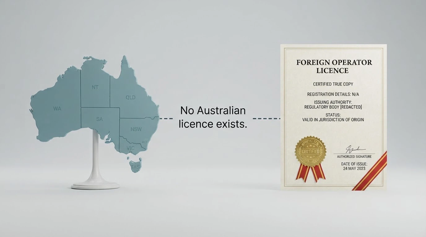 A simplified map showing Australia on one side and a Curaçao licence document on the other, with a dashed line labelled “No Australian casino licence exists” connecting them