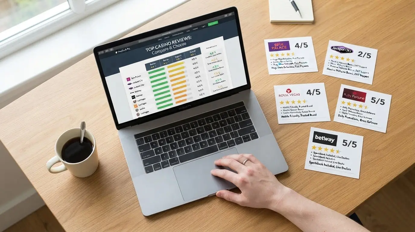 A side-by-side grid of ten casino brand cards arranged in ranked order, each showing a logo placeholder, a star rating and a one-line bonus summary