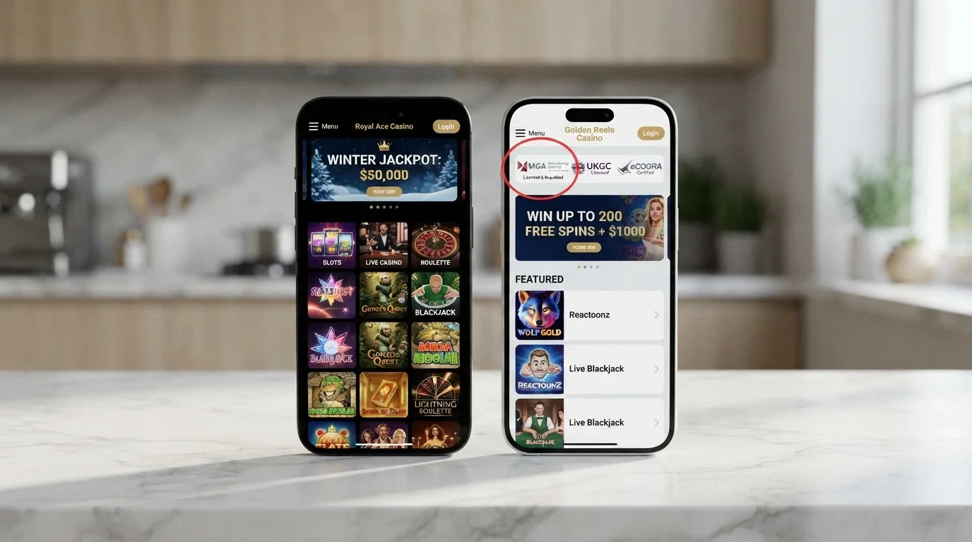 A side-by-side view of two mobile casino homepages on smartphone screens, one displaying a Curacao licence badge