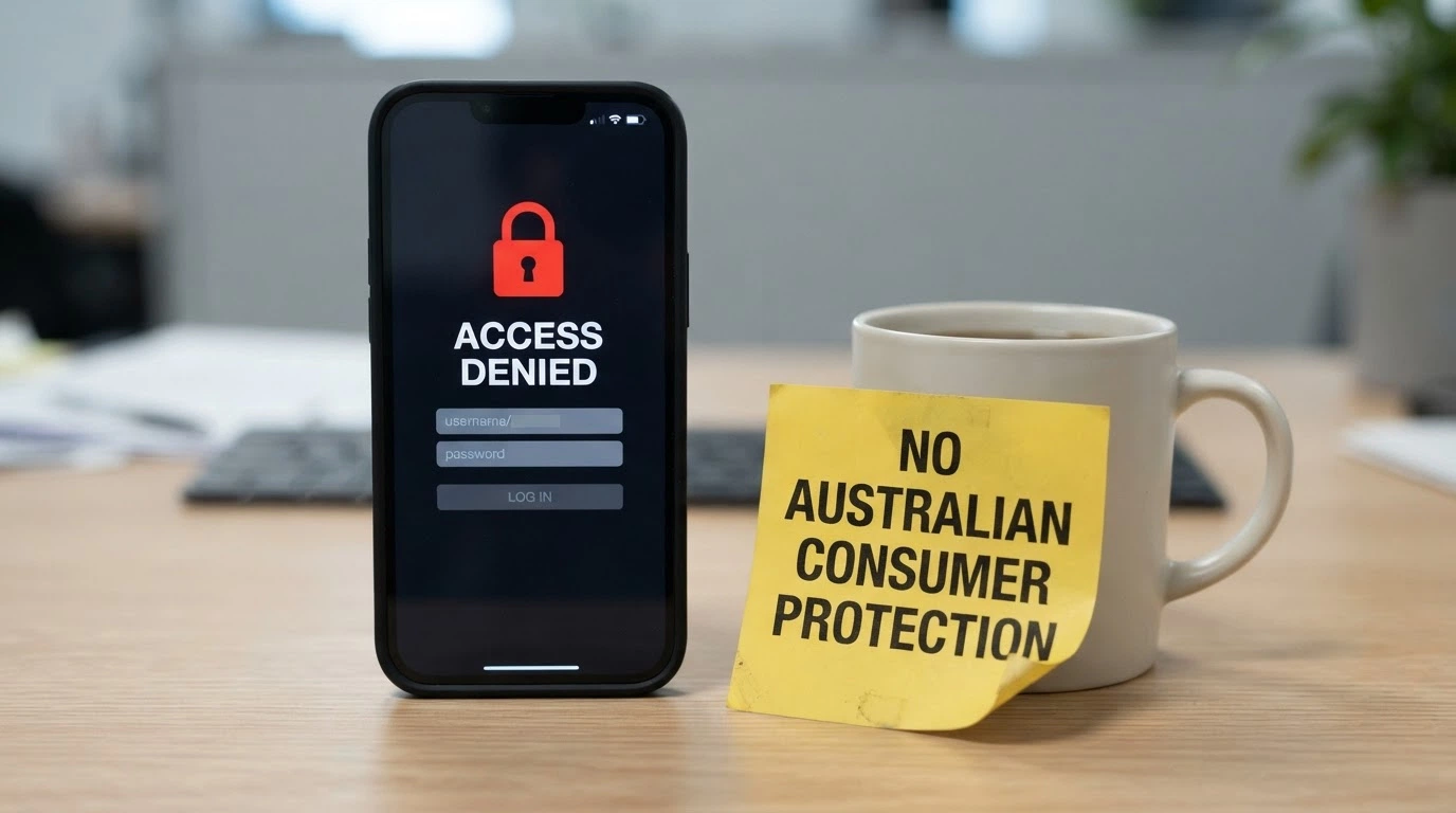 A warning-style sign reading “No Australian Consumer Protection” beside a locked-out BetStop login screen on a smartphone