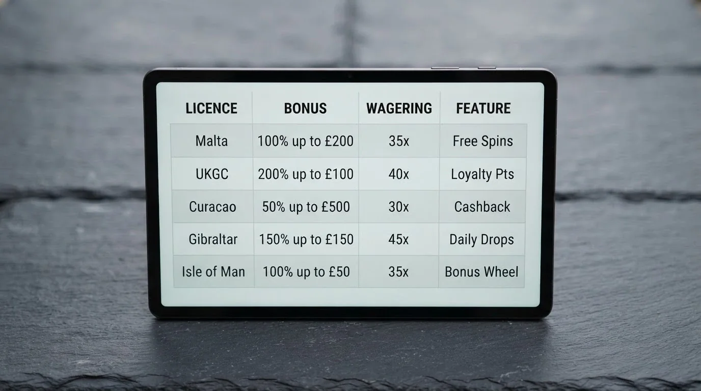 A comparison-table-style visual on an Android tablet screen showing operator names, licence jurisdictions, wagering multipliers and standout features in a grid layout