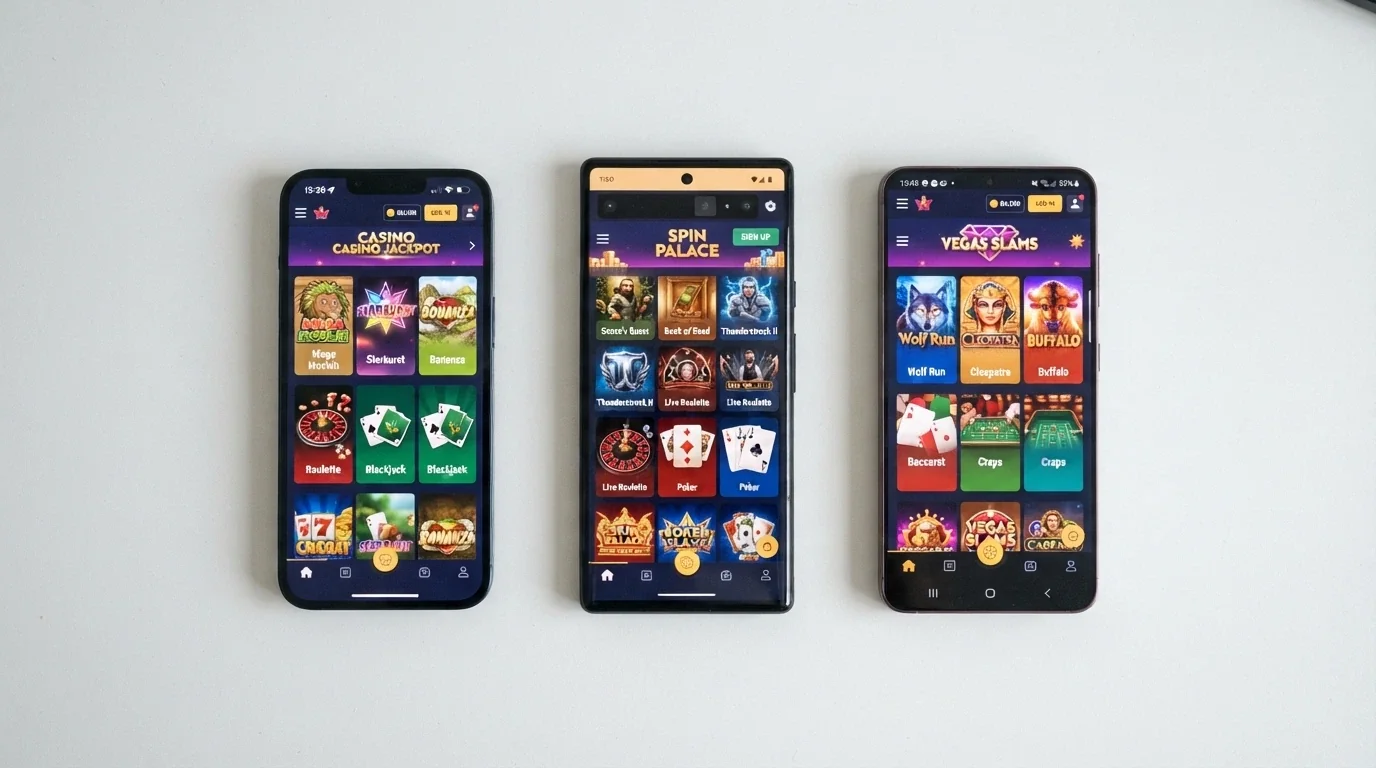 A side-by-side grid of mobile phone screens each showing a different casino app lobby screen with pokies thumbnails visible, arranged as a comparison