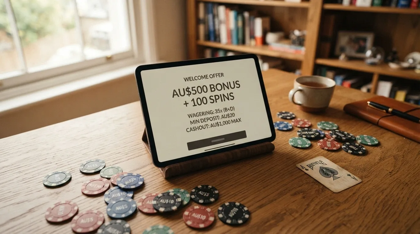 Side-by-side comparison grid of no-deposit and welcome bonus offers from offshore online casinos showing bonus type, wagering multiplier and maximum cashout cap