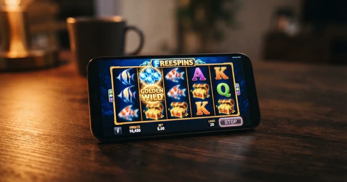 A row of colourful online pokie reels displayed on a smartphone screen, with free spin symbols lit up across several paylines