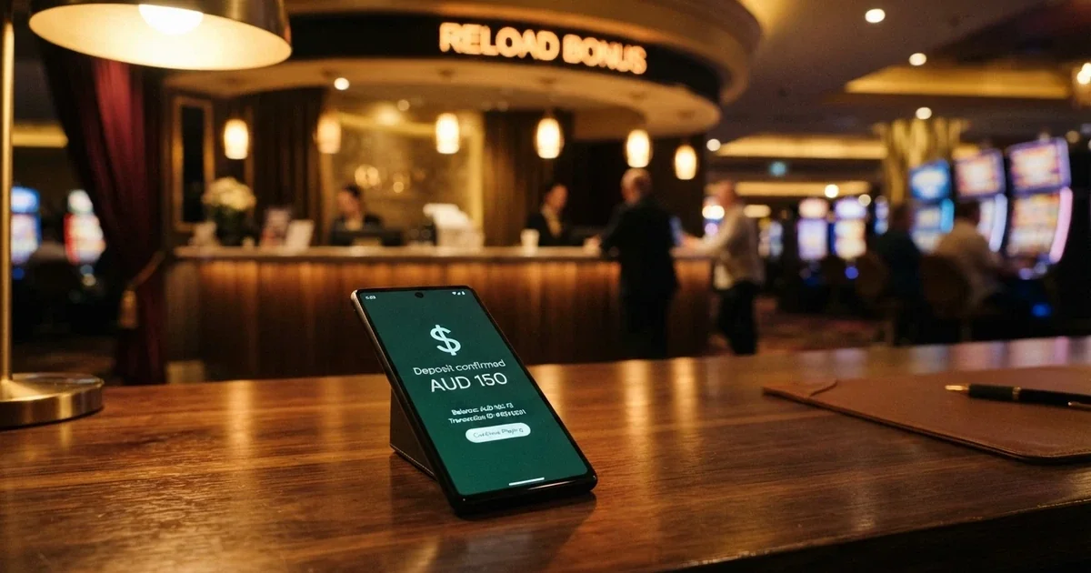 A split-screen visual: one side shows a deposit confirmation on a smartphone, the other side shows a bonus-credited casino lobby with a highlighted reload banner.