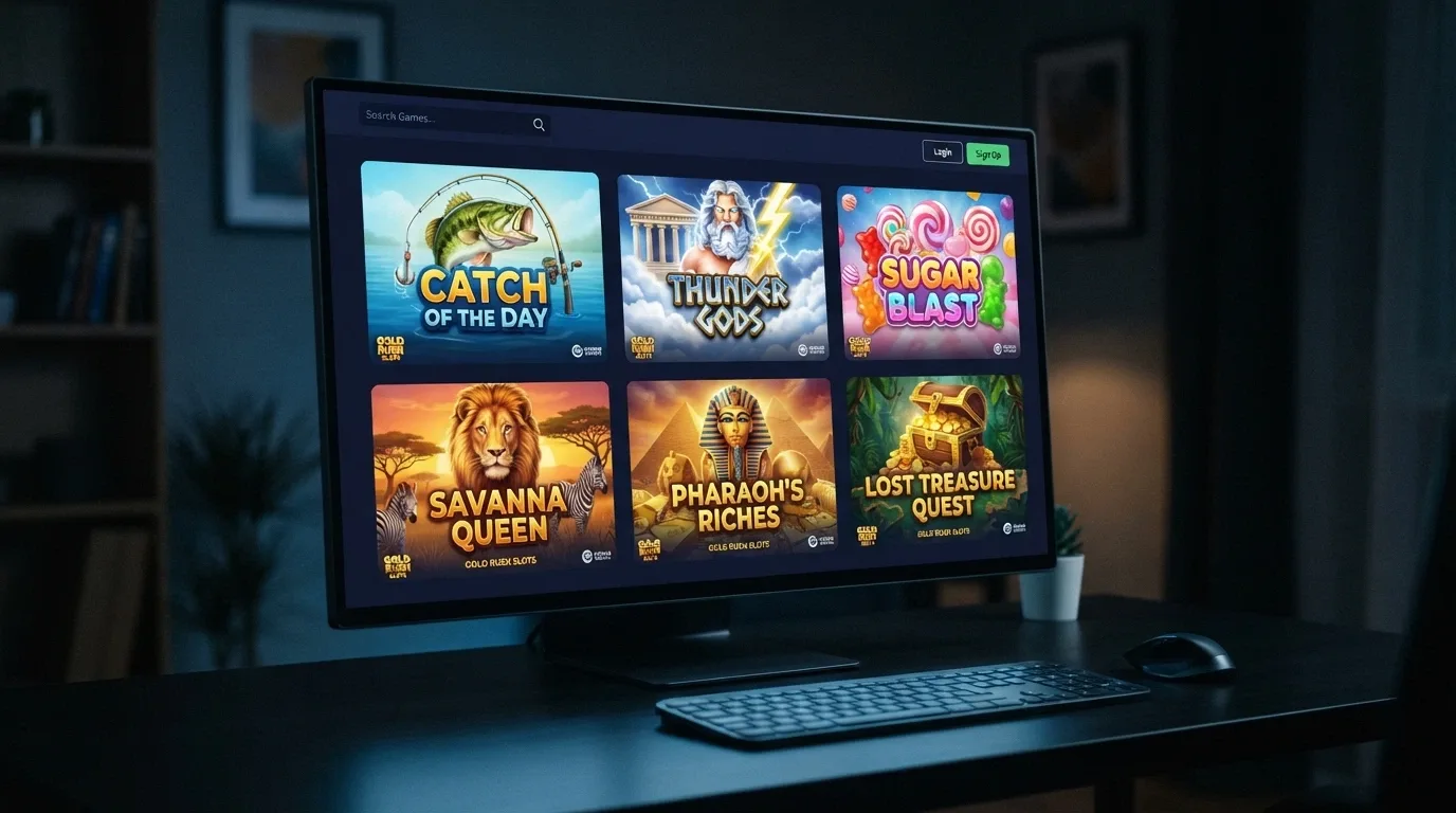 A grid of colourful online pokies title cards — Big Bass Bonanza, Gates of Olympus, Sweet Bonanza — arranged like a casino game lobby