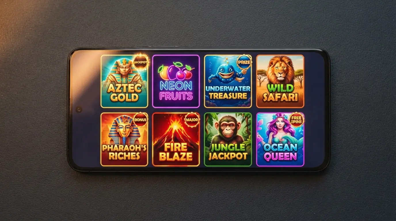 A grid of brightly coloured online pokies title cards in a casino game lobby