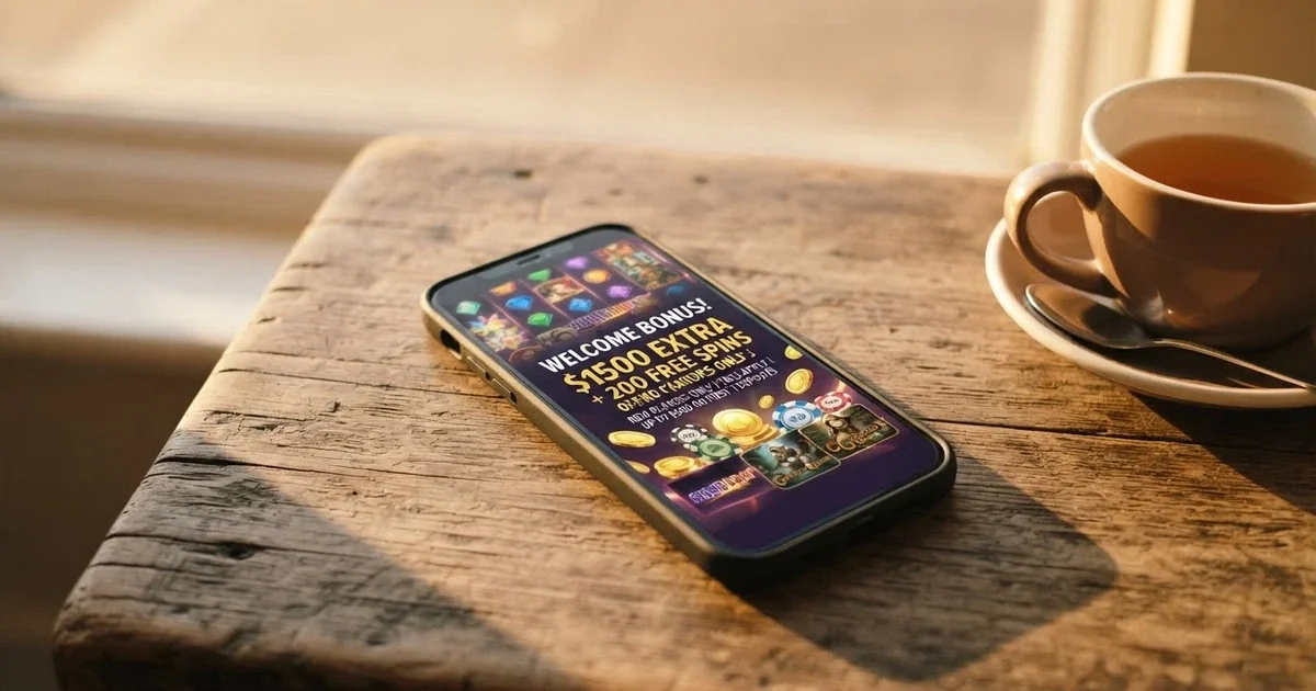 A smartphone screen showing a no-deposit pokies bonus welcome offer with bonus credit and free spins highlighted, Australian dollar amounts visible