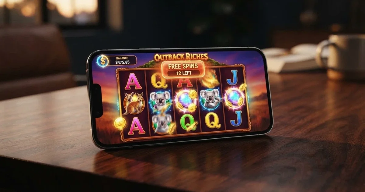 A smartphone screen showing a row of colourful online pokies with a “Free Spins” badge overlaid on one title, an Australian dollar symbol visible in the corner