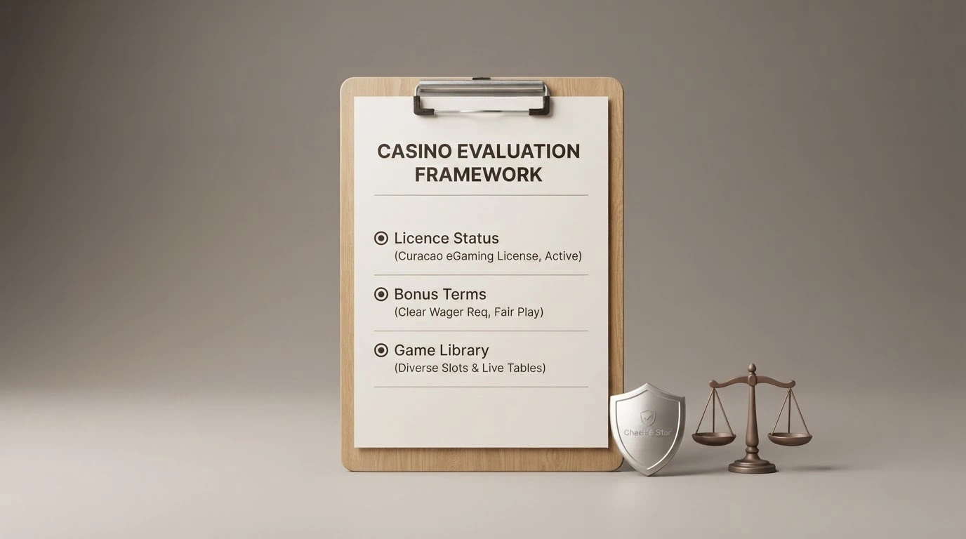 A visual summary of casino evaluation criteria including licence checks, bonus terms and game library comparison