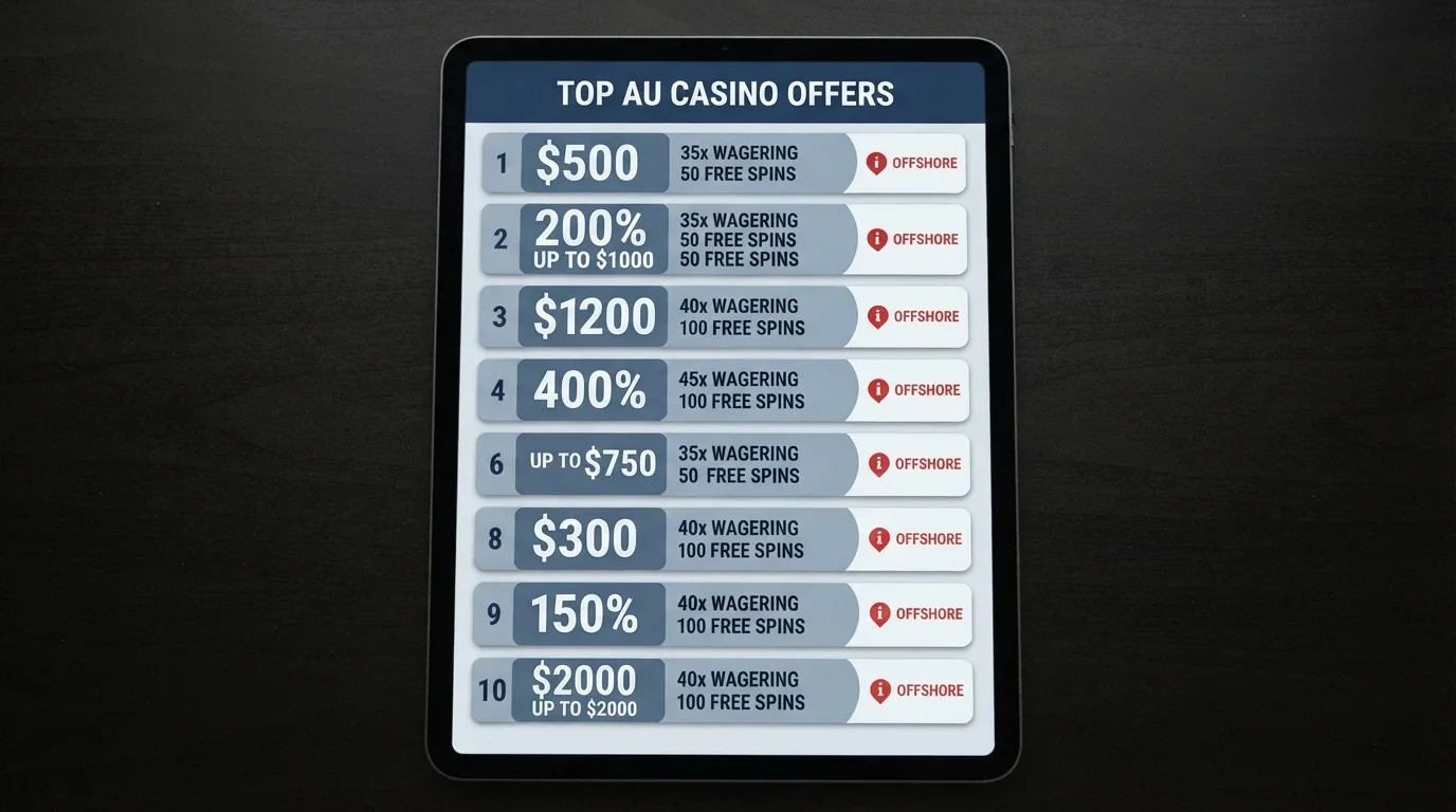A visual comparison chart ranking ten casino operator cards by bonus value, wagering multiple and free-spin count, with a clear marker showing none holds an Australian licence